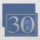 30thバースデーブルー&シルバーグリッター 招待状 (正面/裏面)