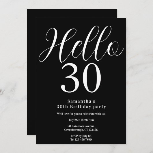 30thバースデー白黒シック誕生日 招待状 (正面/裏面)