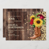 30thバースデー素朴ターブーツひまわり赤いバラ 招待状 (正面/裏面)