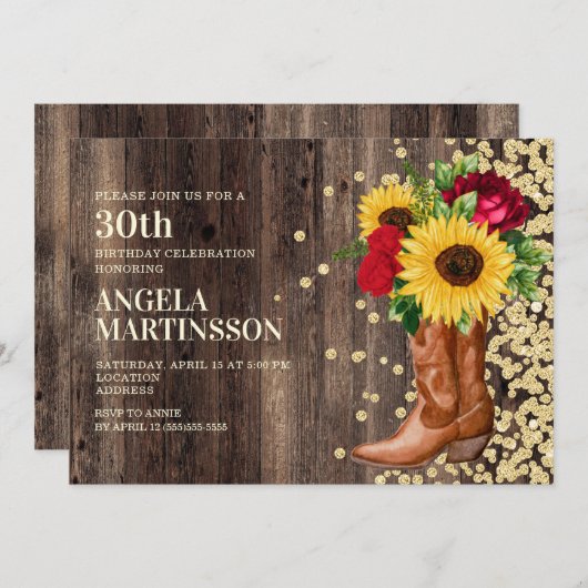 30thバースデー素朴ターブーツひまわり赤いバラ 招待状 (正面/裏面)
