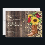 30thバースデー素朴ターブーツひまわり赤いバラ 招待状<br><div class="desc">素朴なカウボーイブーツ、明るい黄色のヒマワリ、暗褐色の木の背景に美しい赤いバラを持つ女性のための30歳の誕生日パーティの招待状。あなたの国、牧場、または納屋の誕生祝いに最適。</div>
