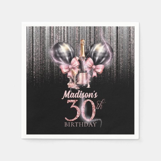 30thパーソナライズされたバースデーラグジュアリーシャンパン スタンダードカクテルナプキン (正面)