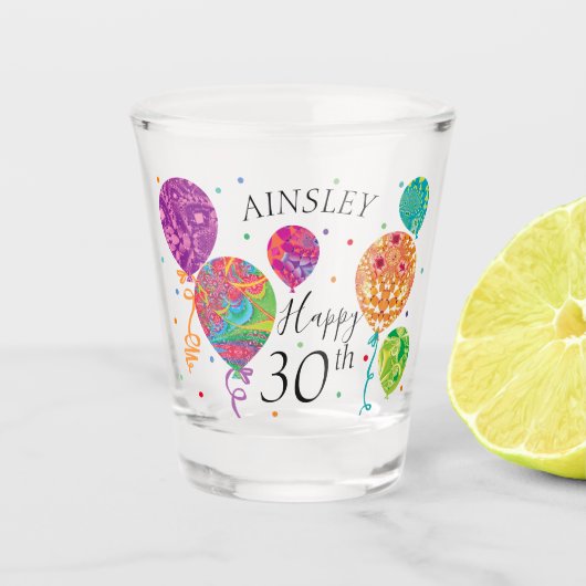 30thパープルアクア誕生日バルーン名前をカスタムする ショットグラス (正面)