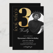 30thブラック金ゴールド誕生日招待状（写真あり） 招待状 (正面/裏面)