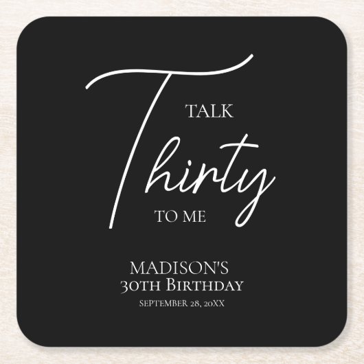 30thブラック&ホワイト誕生日 スクエアペーパーコースター (正面)