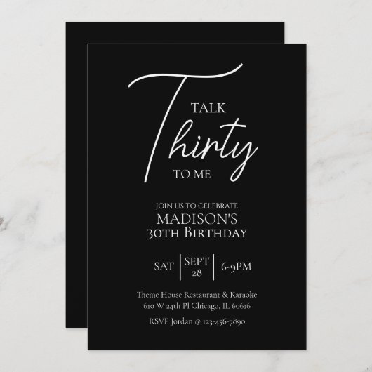 30thブラック&ホワイト誕生日 招待状 (正面/裏面)