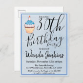 30thブルーウォーターカラーカップケーキ誕生日 インビテーションポストカード (正面/裏面)