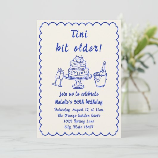 30thブルーハンド描きシャンパンケーキ誕生日写真 招待状 (スタンド正面)