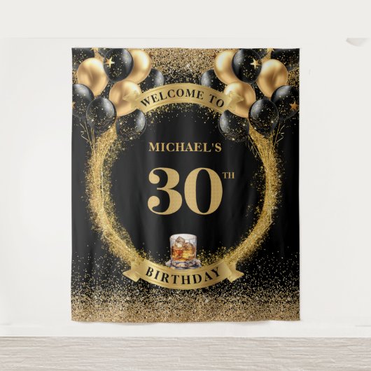 30thマンはっきりした誕生日ウイスキー誕生日写真バック タペストリー (正面)