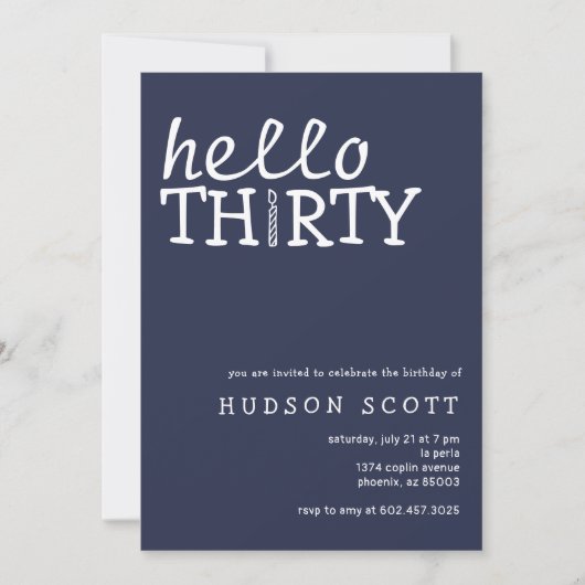30thメンズ誕生日パーティーこんにちは30thネイビーブルー 招待状 (正面)