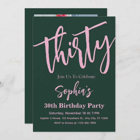 30thモダン誕生日パーティー写真 招待状 (正面/裏面)