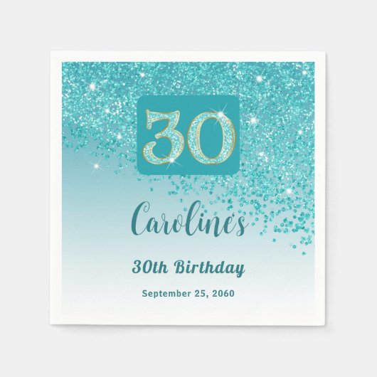 30th誕生日かわいらしティール（緑がかった色）ブルーグリッターナプキンス スタンダードカクテルナプキン (正面)