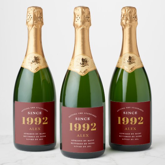 30th誕生日の名前1992赤い金ゴールドシック スパークリングワインラベル (ボトル)