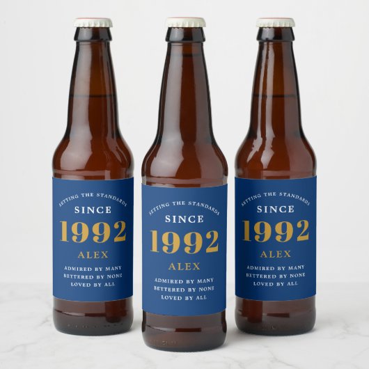 30th誕生日の名前1992青い金ゴールドシック ビールラベル (ボトル)