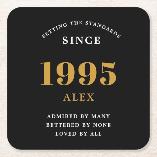 30th誕生日の名前1995ブラック金ゴールドシック スクエアペーパーコースター (正面)