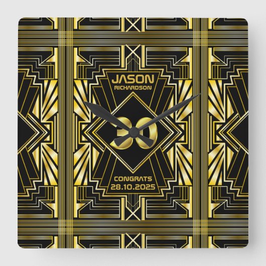 30th誕生日アールデコ金ゴールドブラック素晴らしギャツビー スクエア壁時計 (正面)