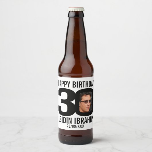 30th誕生日カスタム写真名ラベル ビールラベル (正面)
