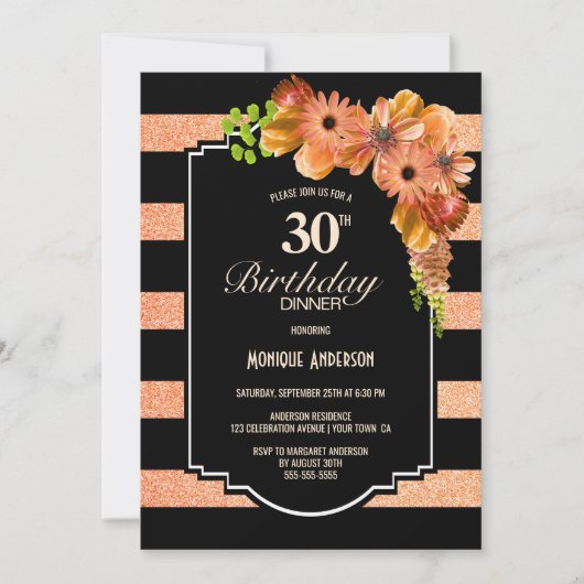 30th誕生日コーラルストライプのフローラディナーパーティー 招待状 (正面)
