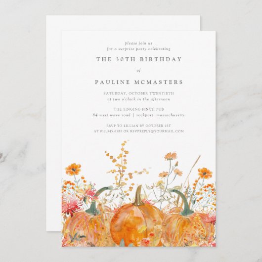 30th誕生日サプライズパーティーかぼちゃワイルドフラワー 招待状 (正面/裏面)