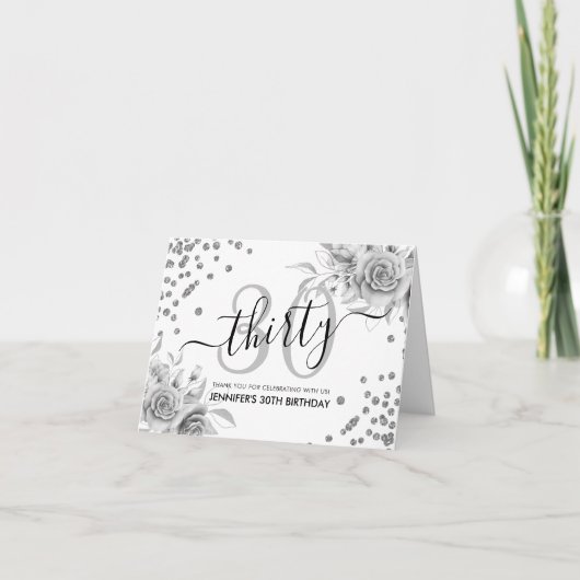 30th誕生日サンキューシルバーフローラグリッター サンキューカード (正面)