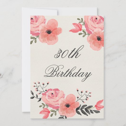 30th誕生日シックな水の色の花 招待状 (正面)