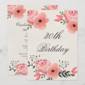30th誕生日シックな水の色の花 招待状 (正面/裏面)