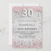 30th誕生日シルバーピンクグリッタードリップラグジュアリー 招待状 (正面)