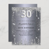 30th誕生日シルバーメタルグリッターダストグラム インビテーションポストカード (正面/裏面)