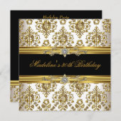 30th誕生日ダマスク金ゴールドフローラブラッククリームジュエル 招待状 (正面/裏面)