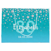 30th誕生日ティール（緑がかった色）ブルーグリーングリッター名ダイヤモンド ラージペーパーバッグ (裏面)