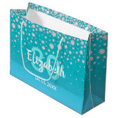 30th誕生日ティール（緑がかった色）ブルーグリーングリッター名ダイヤモンド ラージペーパーバッグ (正面アングル)