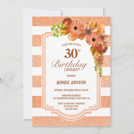 30th誕生日ディナーアプリコットストライプのフローラパーティー 招待状 (正面)