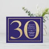 30th誕生日ネイビーブルーと金ゴールドグリッター 招待状 (スタンド正面)