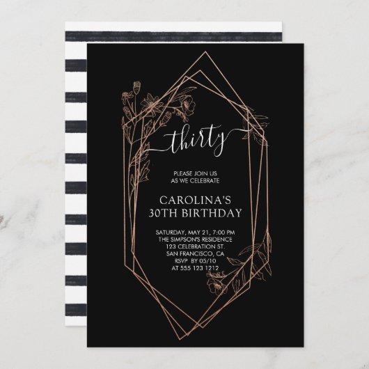 30th誕生日バラ金ゴールド幾何学黒 招待状 (正面/裏面)