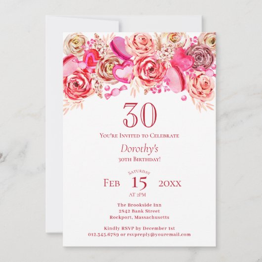 30th誕生日バレンタインピンクローズ渦巻形のハート 招待状 (正面)