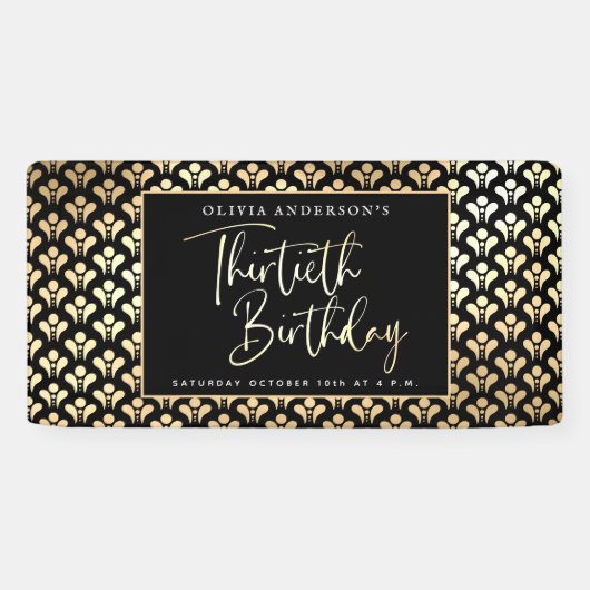 30th誕生日パーティーの白黒と金ゴールドスクリプト 横断幕 (横)