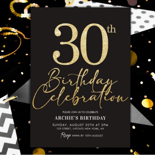 30th誕生日パーティーエレガントブラック&金ゴールドグリッター 招待状