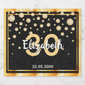 30th誕生日パーティーグリッターブラック金ゴールド スパークリングワインラベル (シングルラベル)