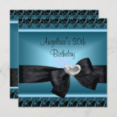 30th誕生日パーティーシルバーハートティール（緑がかった色）ブルーブラック 招待状 (正面/裏面)