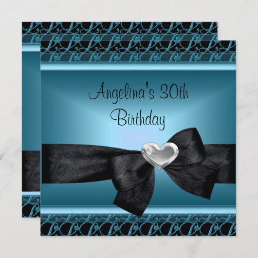 30th誕生日パーティーシルバーハートティール（緑がかった色）ブルーブラック 招待状 (正面/裏面)