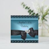 30th誕生日パーティーシルバーハートティール（緑がかった色）ブルーブラック 招待状 (スタンド正面)