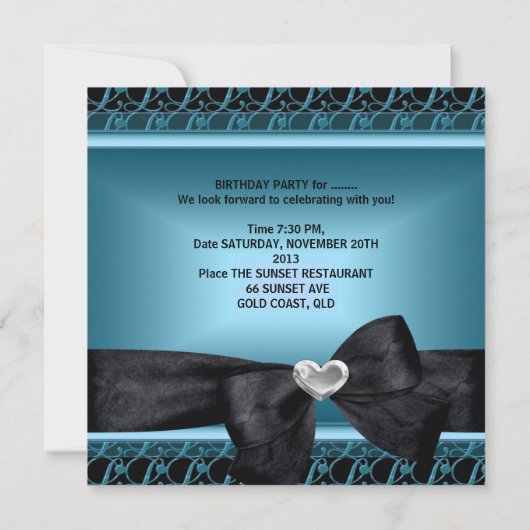 30th誕生日パーティーシルバーハートティール（緑がかった色）ブルーブラック 招待状 (裏面)