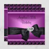 30th誕生日パーティーシルバーハートパープルブラック 招待状 (正面/裏面)