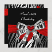 30th誕生日パーティーシルバーレッドブラックゼブラ2 招待状 (正面/裏面)