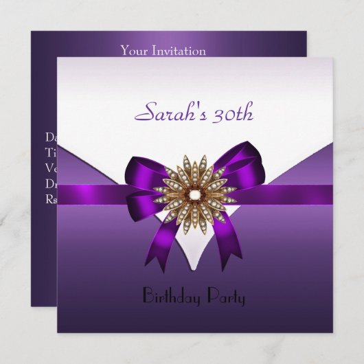30th誕生日パーティージュエルボウパープル金ゴールドホワイト 招待状 (正面/裏面)