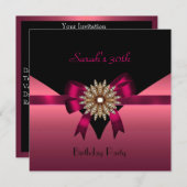 30th誕生日パーティージュエルボウブラックピンク 招待状 (正面/裏面)