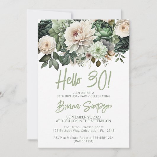 30th誕生日パーティーセージグリーンフローラ 招待状 (正面)