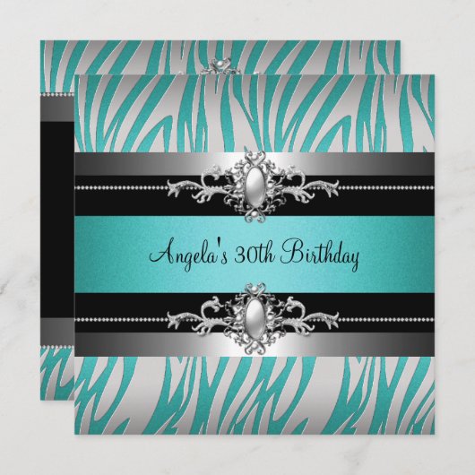 30th誕生日パーティーゼブラティール(緑がかった色)ブルーシルバーブラック 招待状 (正面/裏面)