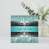 30th誕生日パーティーゼブラティール(緑がかった色)ブルーシルバーブラック 招待状 (スタンド正面)