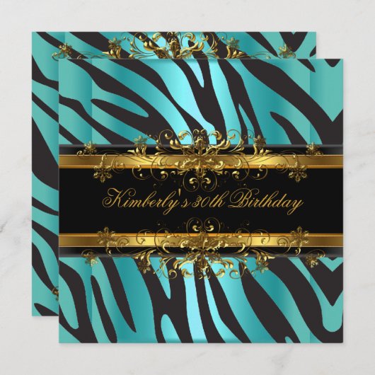 30th誕生日パーティーゼブラティール(緑がかった色)ブルー金ゴールドブラック 招待状 (正面/裏面)